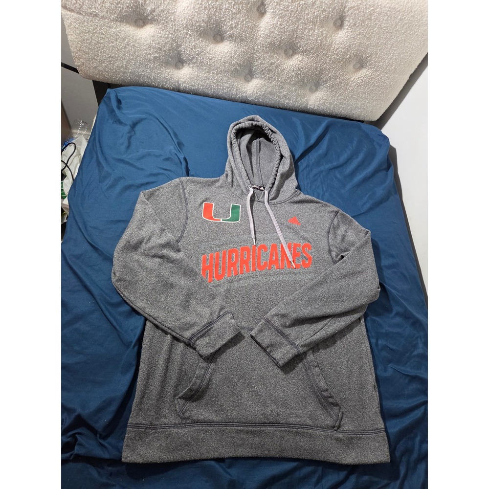 Adidas Mens Miami Hurricanes Hoodie Grey Climawarm Fleece Sweatshirt Medium